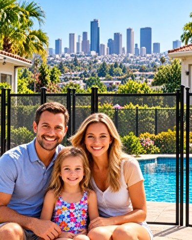 Happy family sitting by their fenced pool in Los Angeles