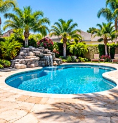 Before: kidney-shaped pool with a stone grotto without a fence