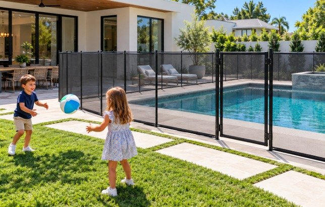 Children playing ball on the lawn outside a mesh pool safety fence