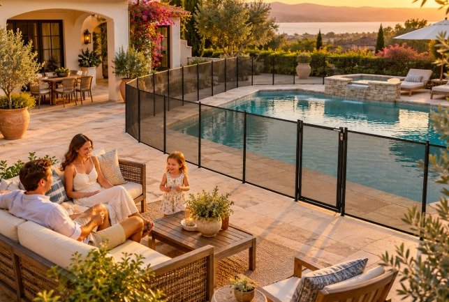Family relaxing on a patio next to a child safety pool fence at sunset
