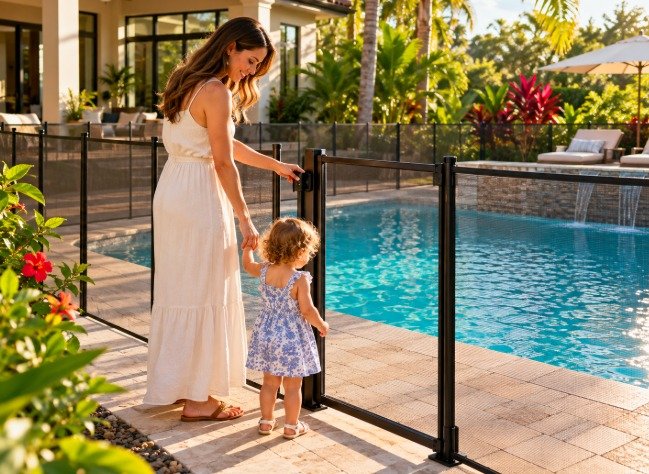 Mother opening a self-latching pool fence gate while holding her toddler's hand