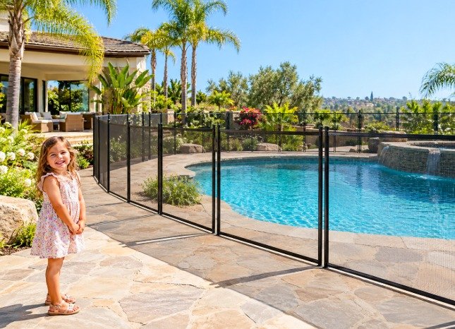 Smiling young girl standing outside a mesh child safety pool fence