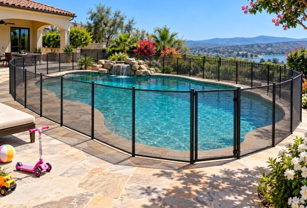Child safety pool fence with a gate around a freeform pool, with a scooter and toys on the patio