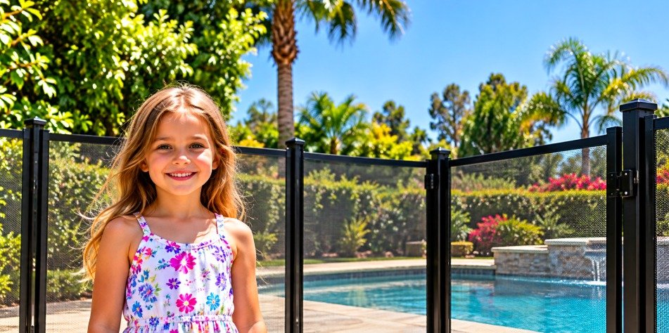 Smiling girl standing by a pool safety fence
