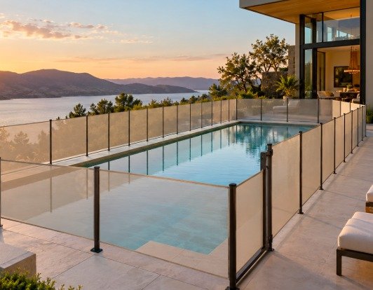 Beige mesh pool fence around an infinity pool with lake and mountain views