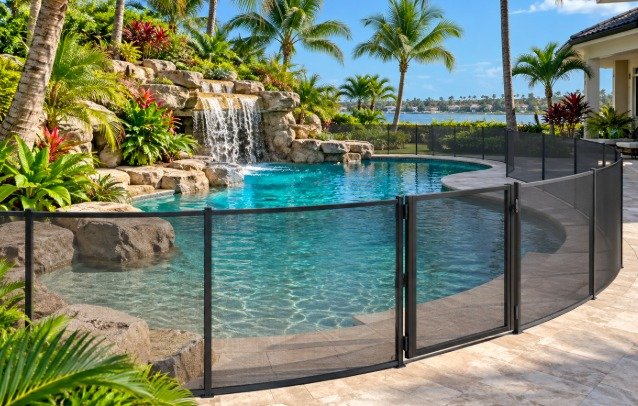 Black mesh pool fence with a gate around a tropical pool with a rock waterfall