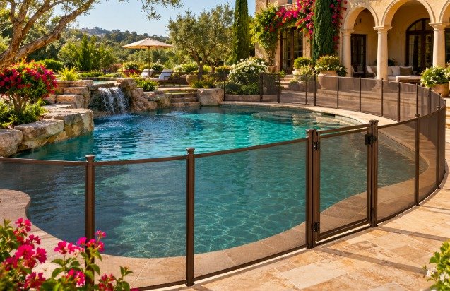 Brown mesh pool fence with a gate around a Mediterranean-style pool and stone waterfall