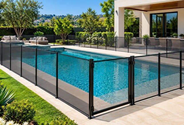 Black removable mesh pool fence with a gate around a modern rectangular pool