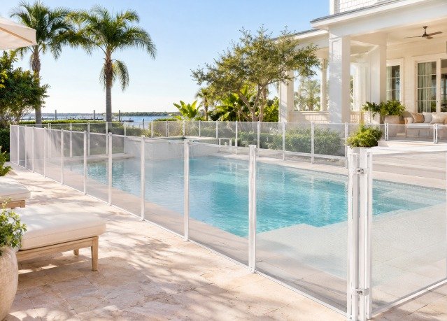 White pool fence around a coastal-style pool with waterfront views