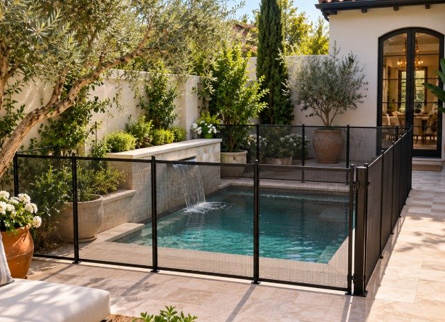 Compact mesh pool fence layout around a small courtyard pool with a water feature