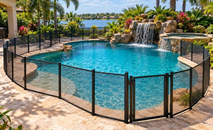 Curved mesh pool fence layout with a gate around a freeform pool and spa