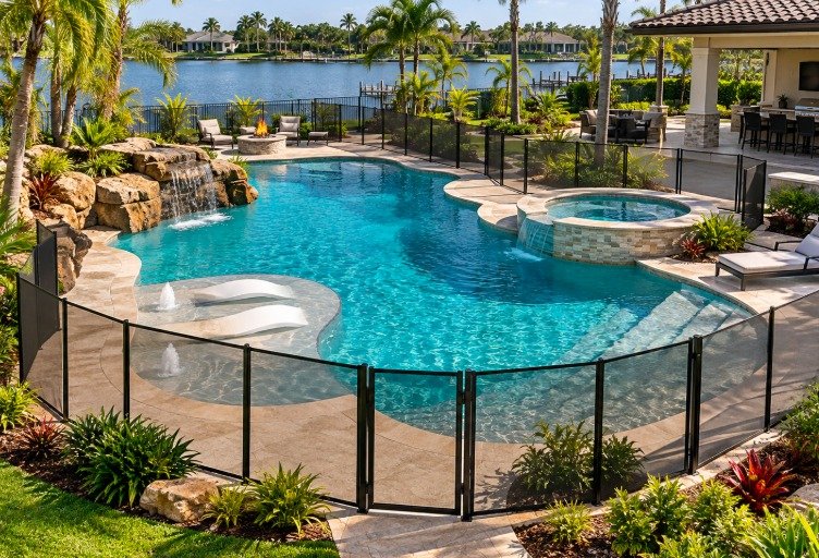 Custom mesh pool fence layout around a resort-style pool with a spa and waterfall