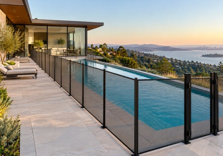 Straight mesh pool fence along a hillside lap pool with bay views