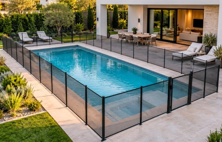 Full mesh pool enclosure with a gate around a rectangular pool beside a patio