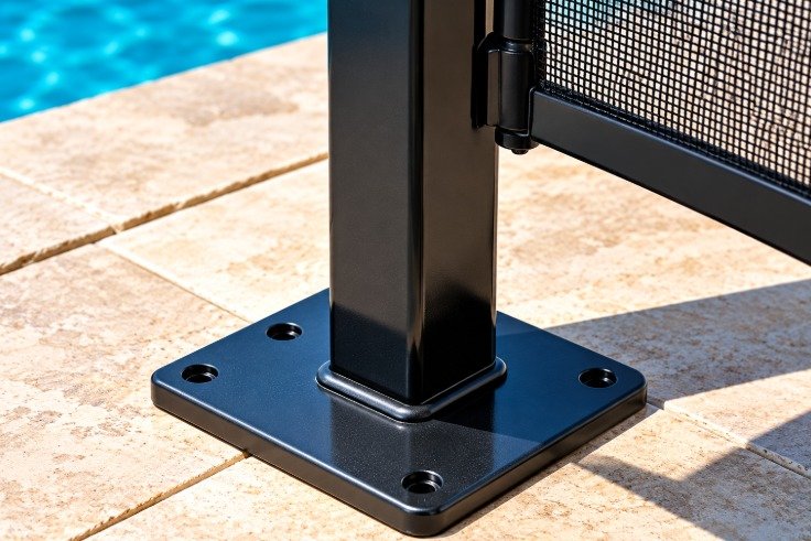 Pool fence post mounted to the deck with a base plate
