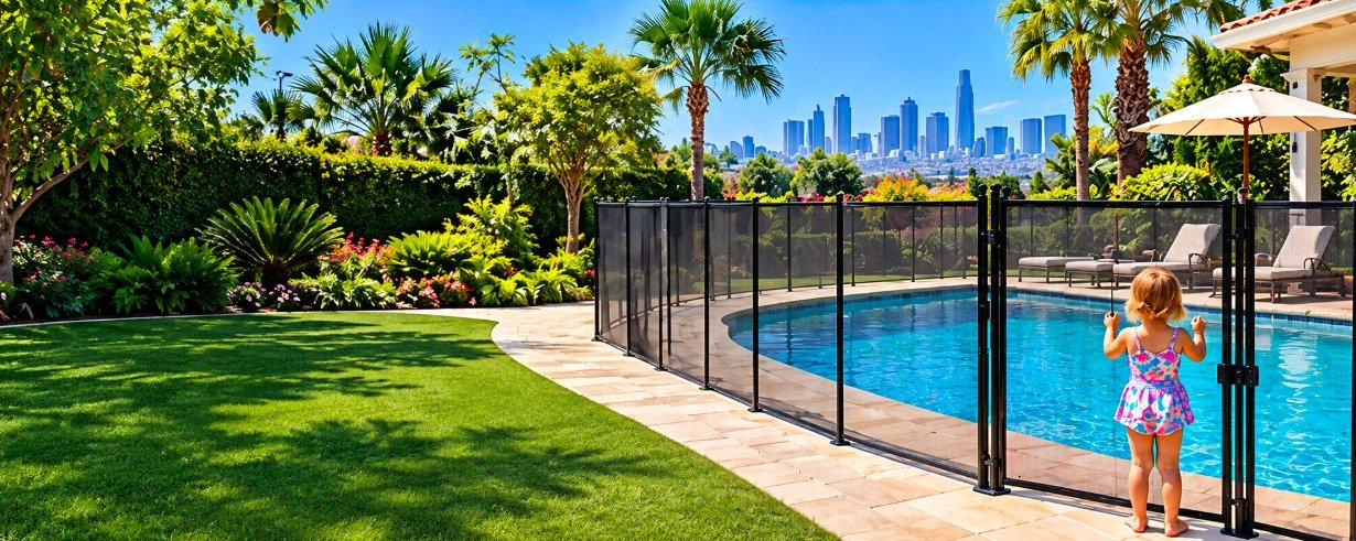 Black mesh removable pool fence around a backyard pool with the Los Angeles skyline behind it