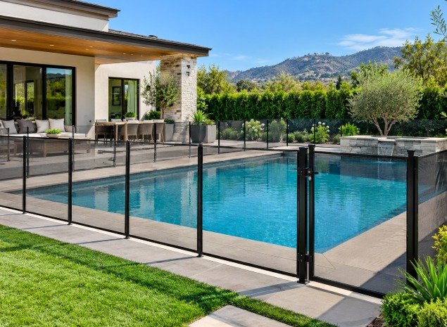 Custom mesh pool fence layout with a gate around a rectangular pool