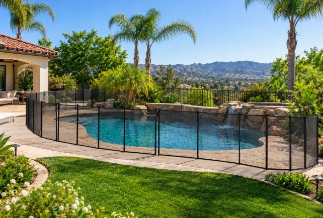 Black mesh pool fence around a freeform pool with a waterfall and mountain views