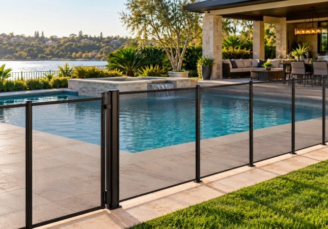 Black mesh pool fence with a gate around a modern pool and spa