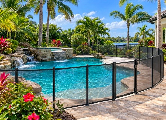 Mesh pool fence curving around a pool with a stone waterfall and tropical landscaping