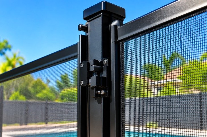 Close-up of a mesh pool fence post and latch