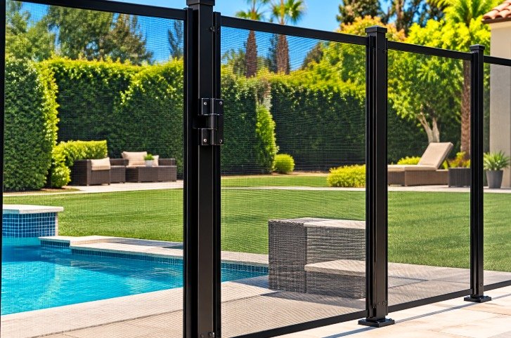 Mesh pool fence panels on a patio