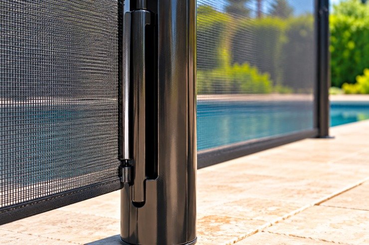 Close-up of a round pool fence post and mesh panel