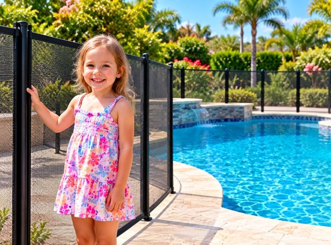 Smiling child behind a safety pool fence