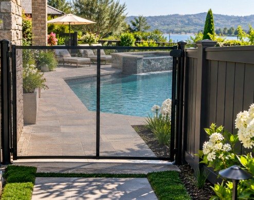 Pool fence gate at a garden walkway entrance to a backyard pool