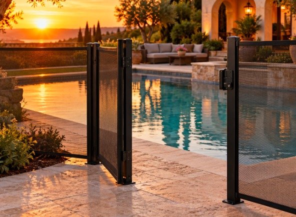 Open mesh pool fence gate with black hardware at sunset