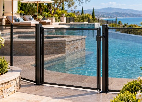 Black mesh pool fence gate beside an infinity pool with ocean views