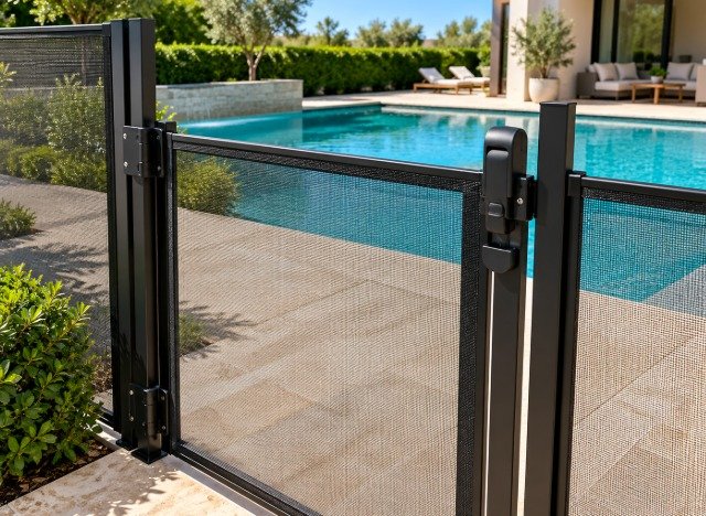 Close-up of a pool fence gate hinge and self-latching magnetic latch