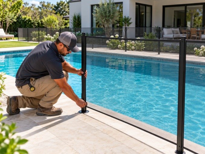 Removable black mesh pool fence around a rectangular pool at a modern Beverly Hills home