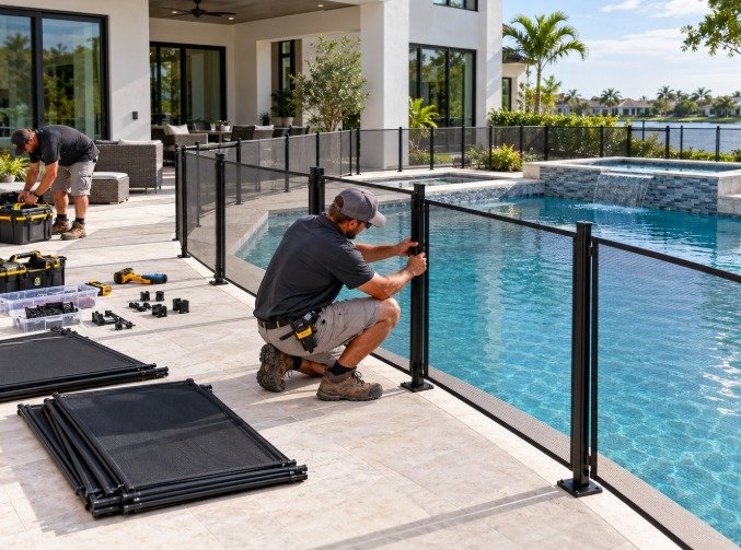 Installers assembling a mesh pool fence beside a luxury pool and spa in Beverly Hills