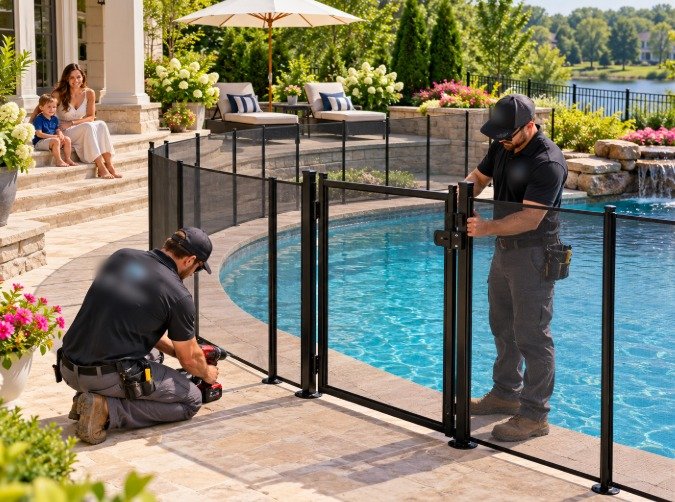Two installers fitting a black mesh pool fence and gate at a large estate pool while a mother and child watch in Bradbury