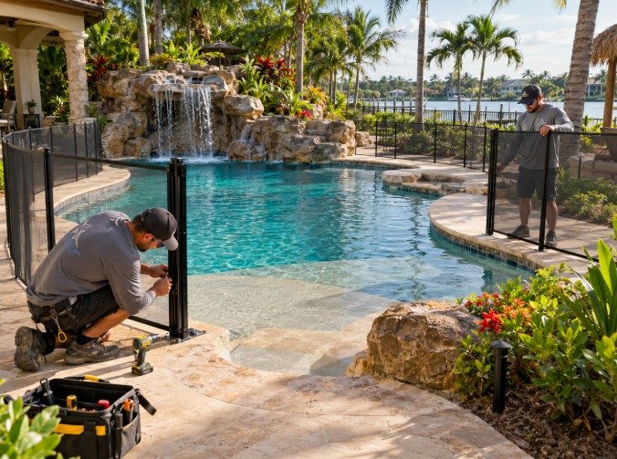 Installers completing a black mesh pool fence around a freeform pool with a rock waterfall in Bradbury