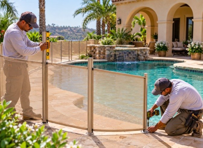 Installers leveling a beige mesh pool fence beside a Mediterranean-style pool with hill views in Calabasas