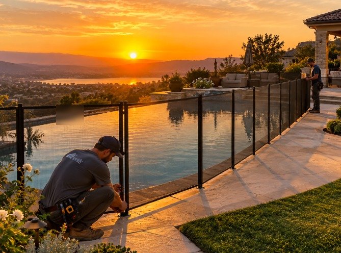 Technicians installing a black mesh pool fence at sunset on a hillside lot in Calabasas