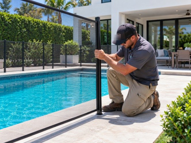 Installer locking a black mesh pool fence pole into its deck sleeve beside a modern backyard pool in Covina