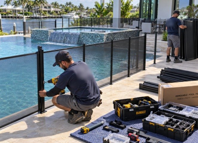 Installer drilling a mesh pool fence post near a pool and spa in a Covina backyard