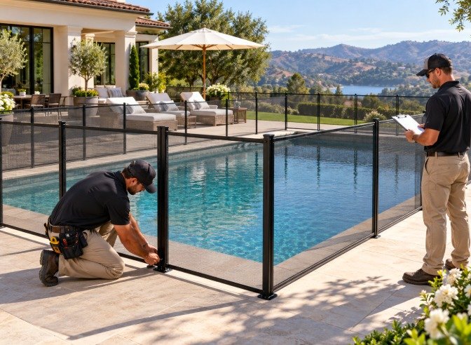 Installers building a black mesh pool fence with hill views in Diamond Bar