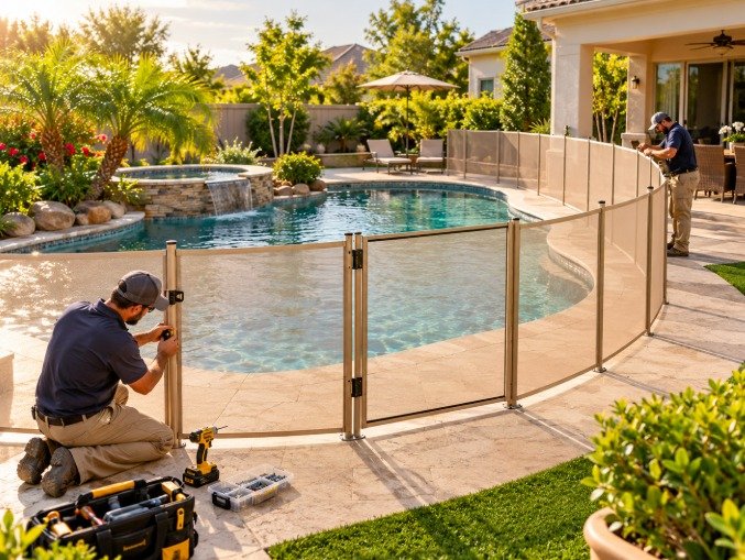 Technician installing a beige mesh pool fence and gate on a sunny pool deck in Diamond Bar