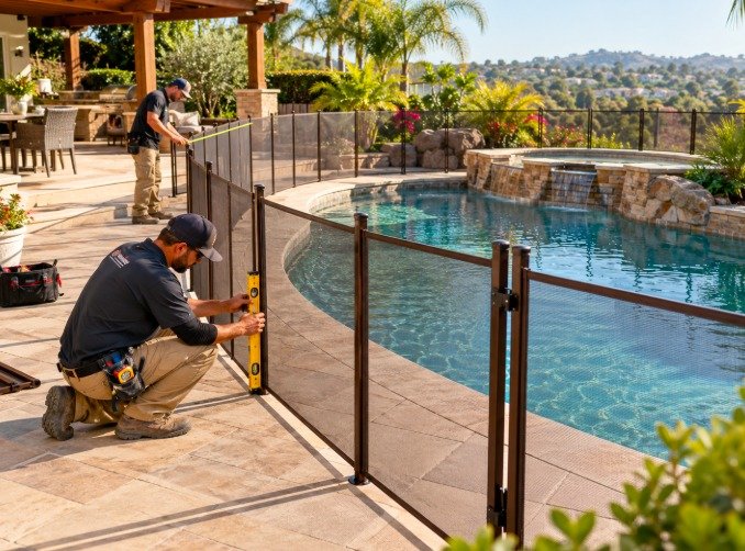 Bronze mesh pool fence on a hillside pool deck with valley views in Glendale