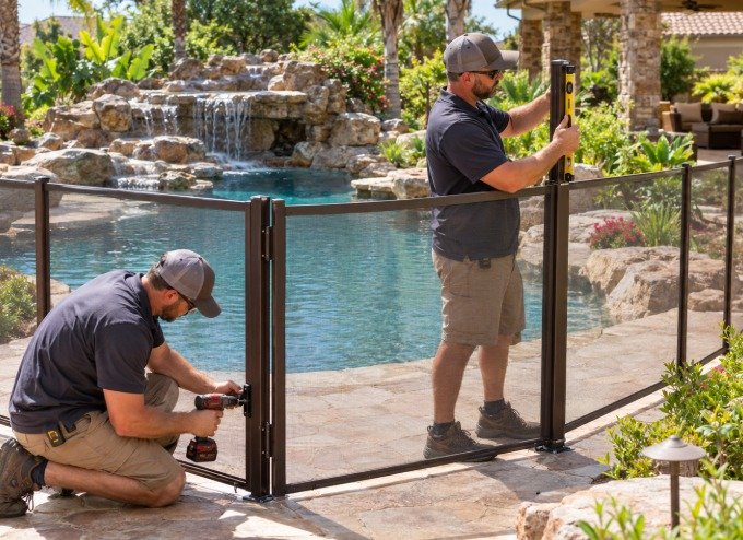 Installers leveling a brown mesh pool fence near a rock waterfall in Glendale