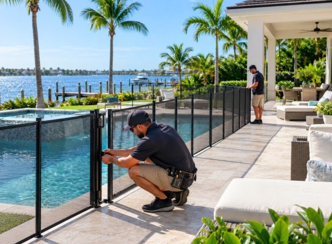 Black mesh pool fence with a self-latching gate beside a waterfront pool in Long Beach