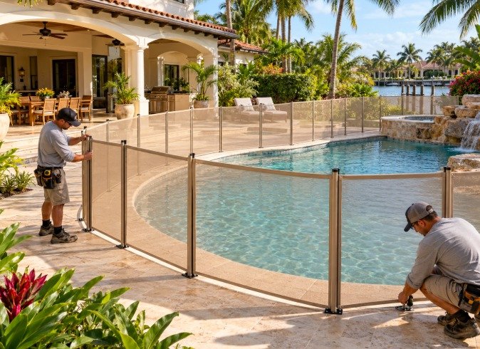 Installers setting a beige mesh pool fence around a curved pool near the water in Long Beach