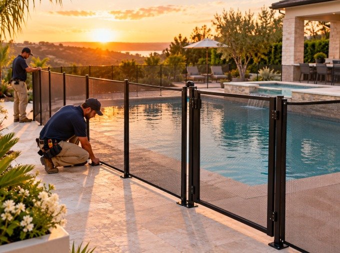 Installers checking a black mesh pool fence at sunset above the coast in Malibu