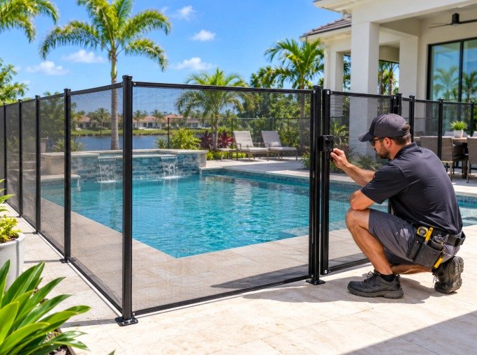Technician adjusting a self-latching gate on a mesh pool fence beside a waterfront pool in Malibu