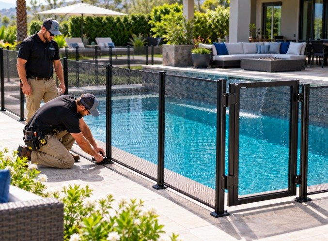 Mesh pool fence and gate around a modern pool with an outdoor fire pit in Pasadena