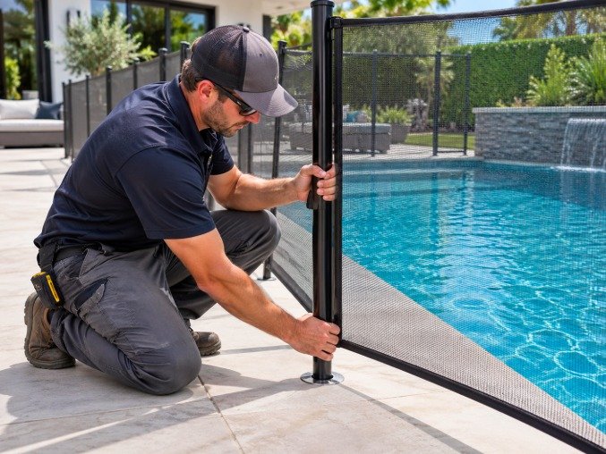 Installer setting a black pool fence pole into a deck sleeve beside a Pasadena pool